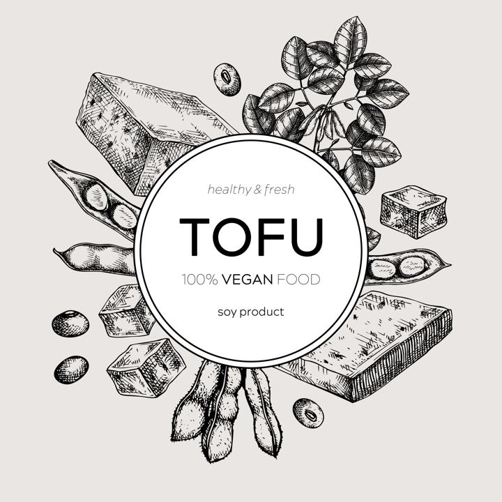 Tofu wreath design in vintage style. Sketched vegan food illustration. Traditional Asian food ingredients. Tofu frame for packaging, menu, recipe, and product. Vector food design. 